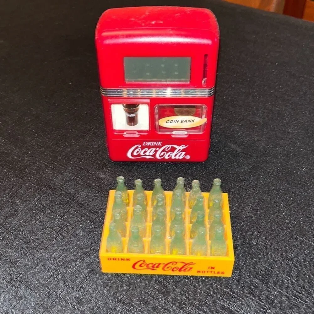 Vintage Miniature Mini Coca Cola Bottles 24 pack in Crate W Digital Coin Bank/Cl